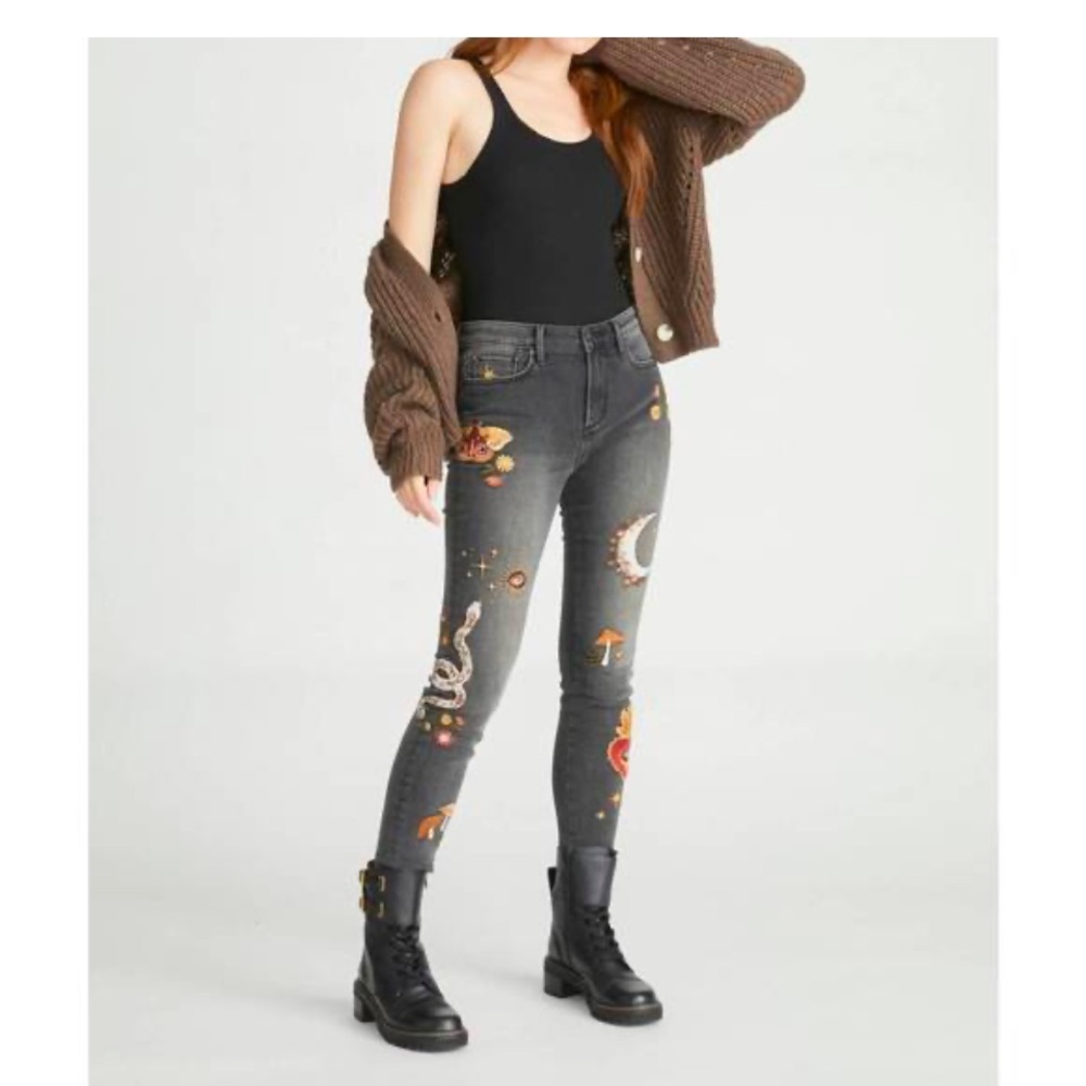 DRIFTWOOD Gray Skinny Jeans with Colorful Embroidery